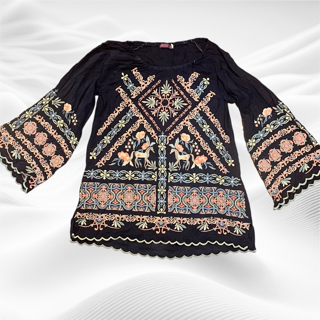 Johnny Was Lina Scalloped Embroidered Tunic Top Navy Blue Xs Horses *Flaw